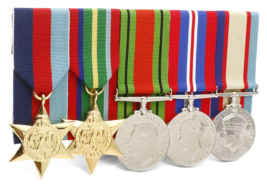 Five full size medals court mounted in order of wear