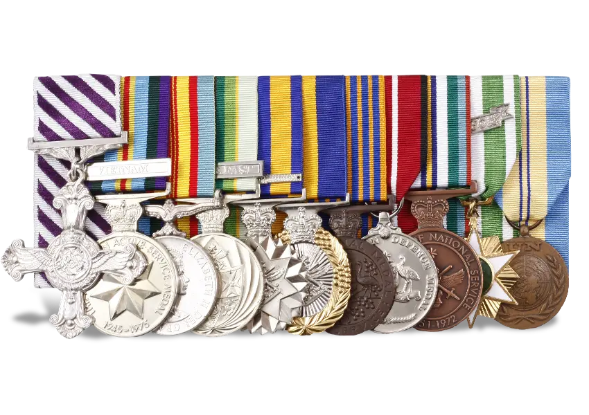 Nine full size medals court mounted across a wide rack