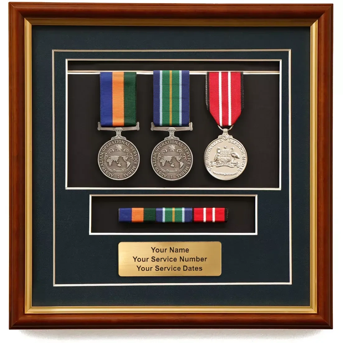 Medal display frame with medals and service memorabilia