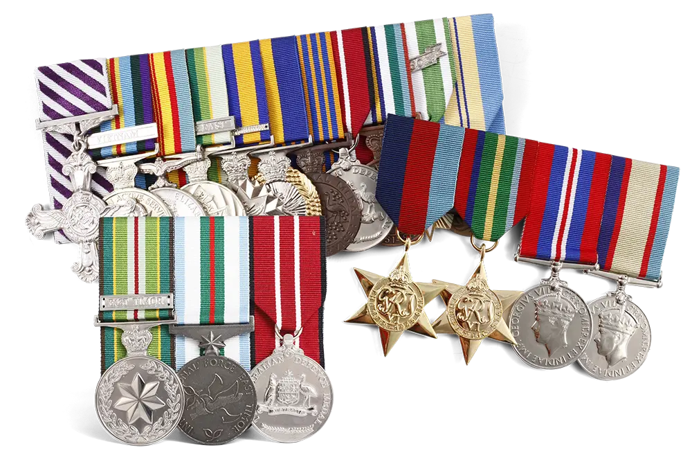 Full size replica medals court mounted in the correct order of wear