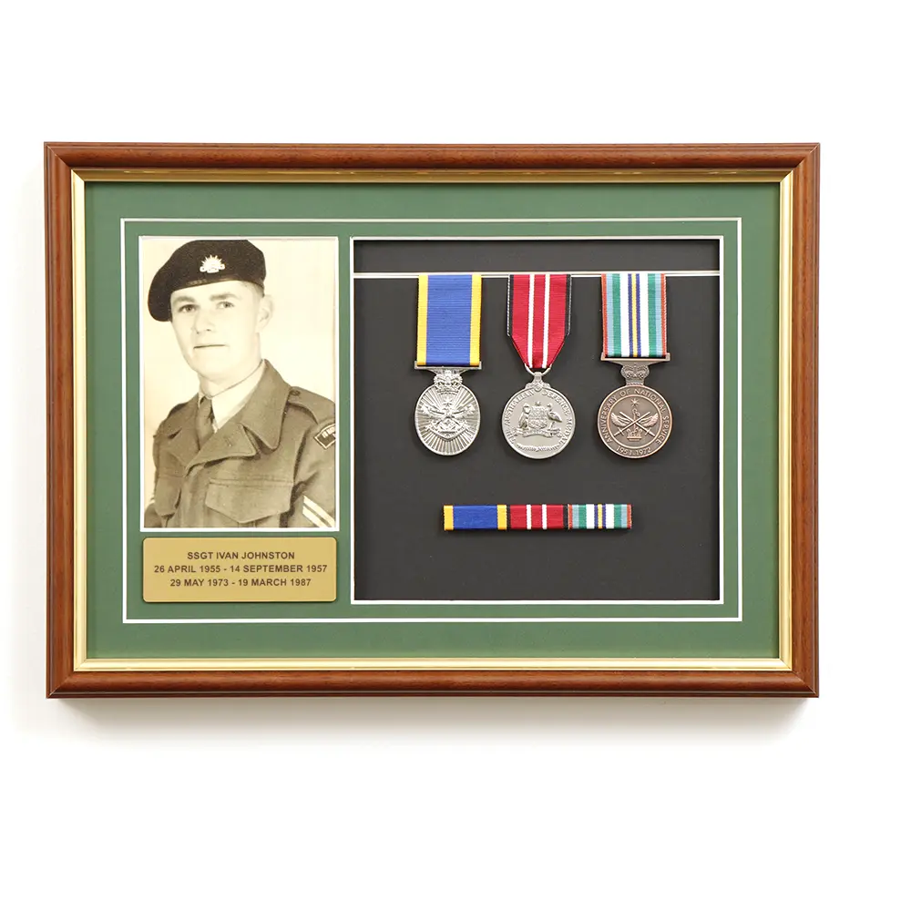 Photo and medal frame combining a service photograph with mounted medals