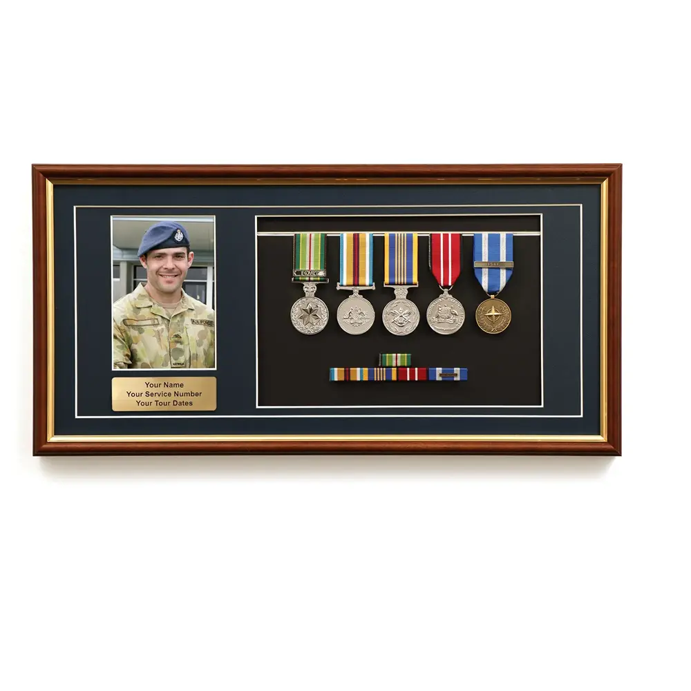 Photo and medal frame with certificate and medals