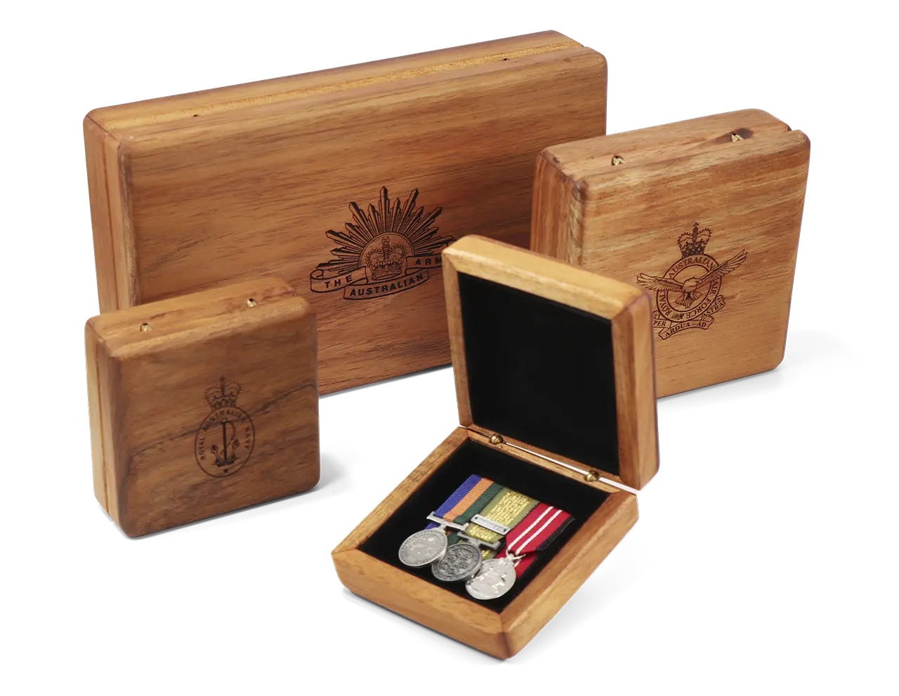 Engraved timber keepsake boxes for service medals