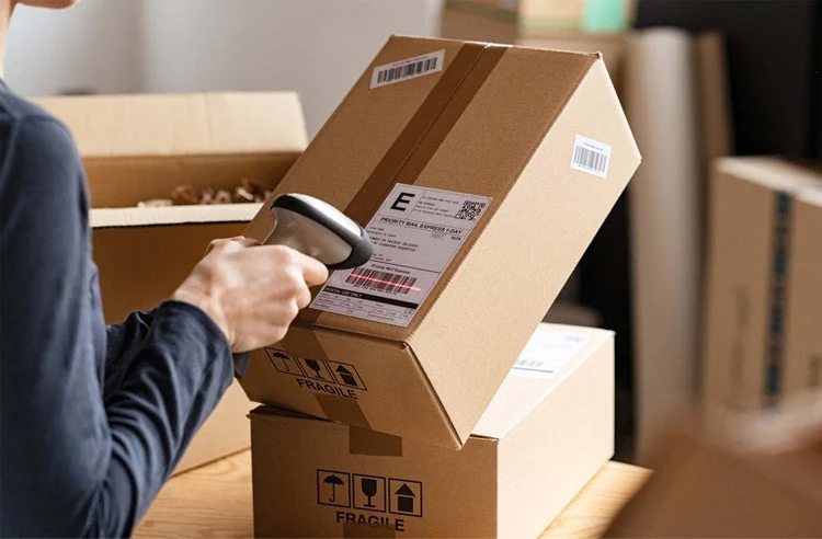 shipping label scanned on a packed parcel before dispatch