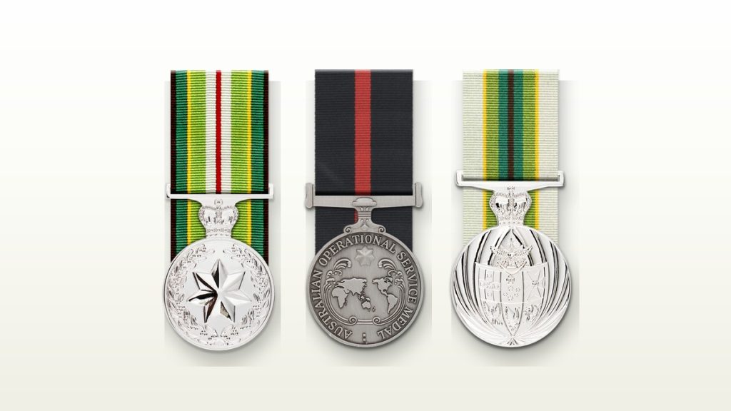 Three court mounted Australian service medals arranged in a row