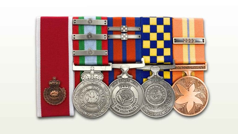 Court-mounted emergency service medal group with clasps, including NSW Rural Fire Service and SES long service medals