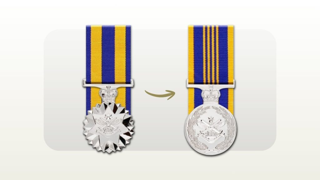 Defence Force Service Medal with an arrow to the Defence Long Service Medal that replaces it