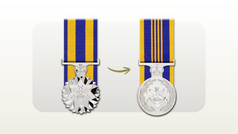 Defence Force Service Medal with an arrow to the Defence Long Service Medal that replaces it