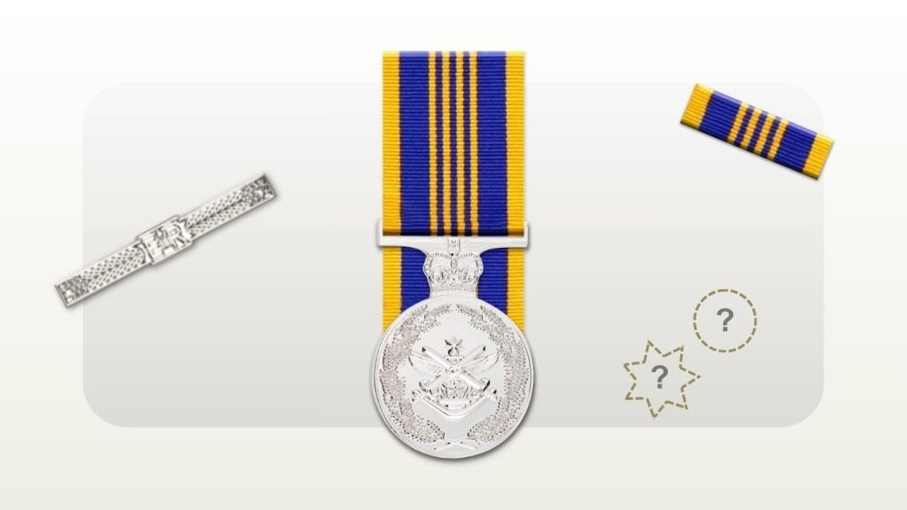 Defence Long Service Medal with a Royal Cypher clasp, ribbon bar and outlines of a rosette and Federation Star