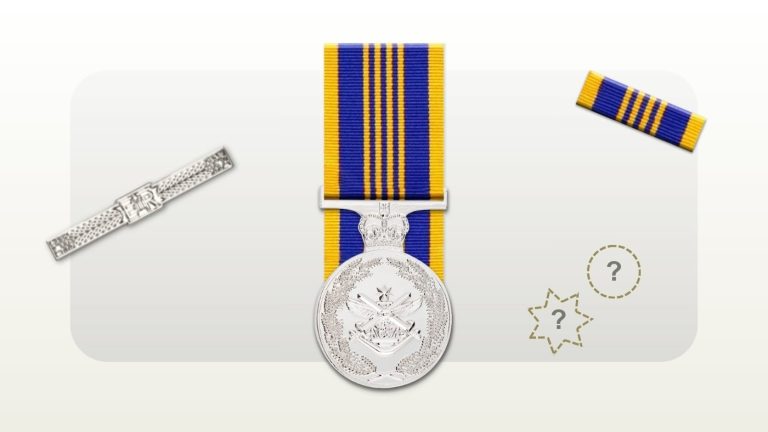 Defence Long Service Medal with a Royal Cypher clasp, ribbon bar and outlines of a rosette and Federation Star