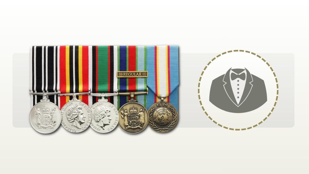 Five-medal group including a UN medal, beside a jacket outline