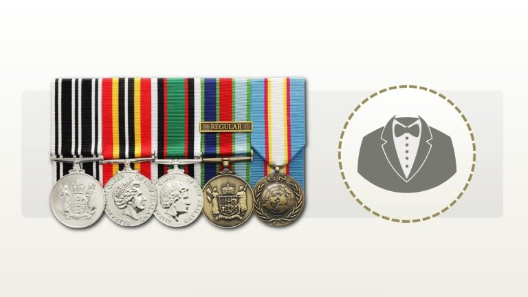 Five-medal group including a UN medal, beside a jacket outline