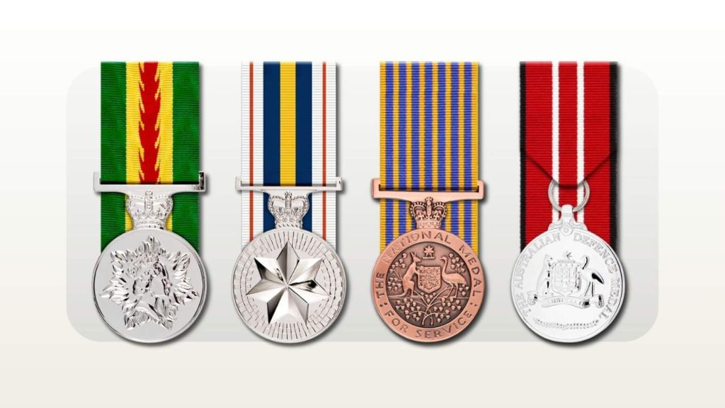 Australian Fire Service Medal, National Police Service Medal, National Medal and Australian Defence Medal side by side